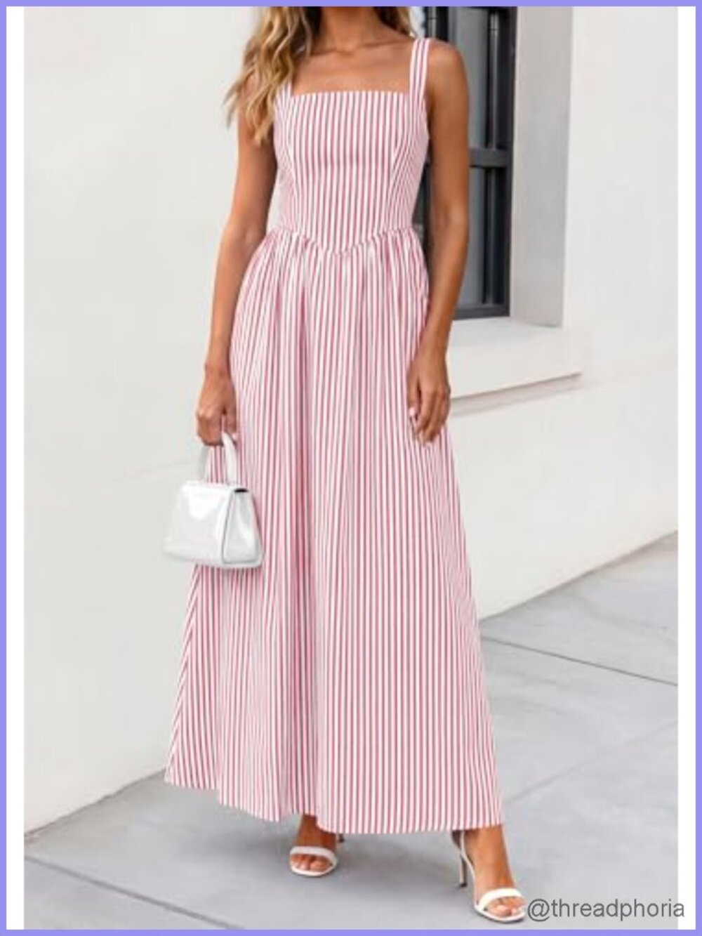 Women's Striped Maxi Dress Square Neck A-Line Summer Sundress - Picture 5 of 6